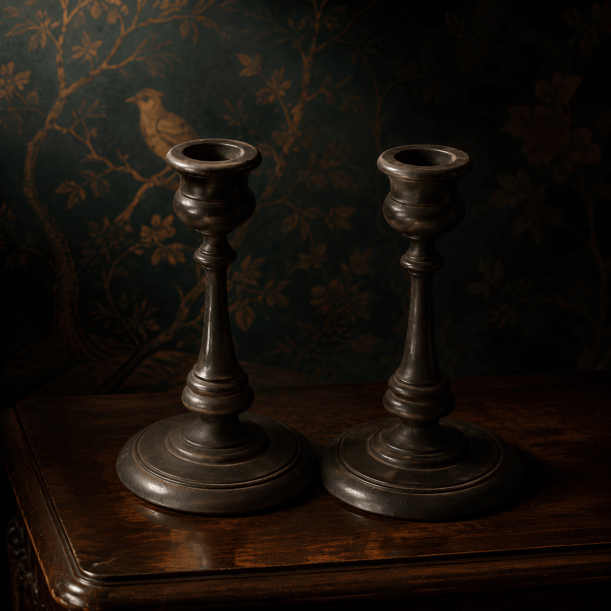 Antique Wood Hand-Carved Candlestick Holders Victorian Gothic Decor - The Relic Detail