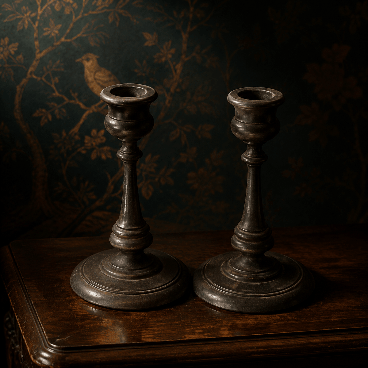 Antique Wood Hand-Carved Candlestick Holders Victorian Gothic Decor - The Relic Detail