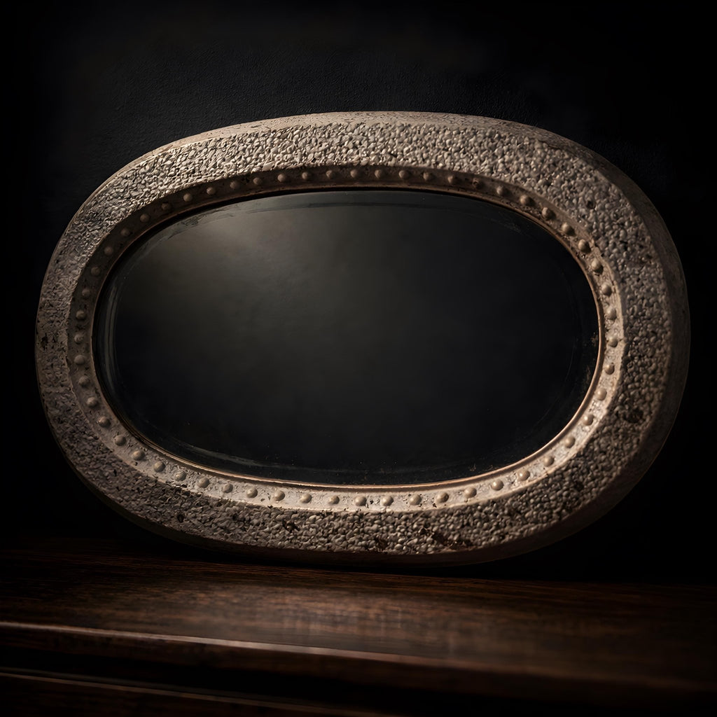 Art Deco Oval Mirror: French Iron Textured Frame (1925-1935) - The Relic Detail