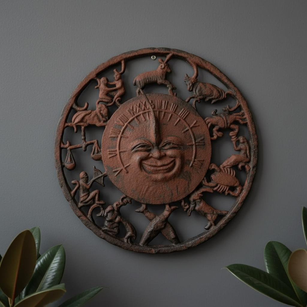 Astrology Sun Dial Wall Hanging - Rustic Iron with Zodiac Symbols - The Relic Detail