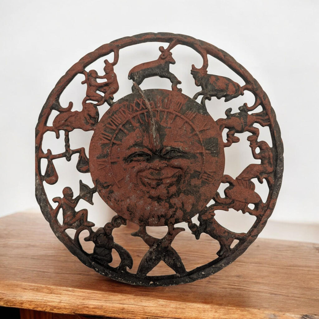 Astrology Sun Dial Wall Hanging - Rustic Iron with Zodiac Symbols - The Relic Detail