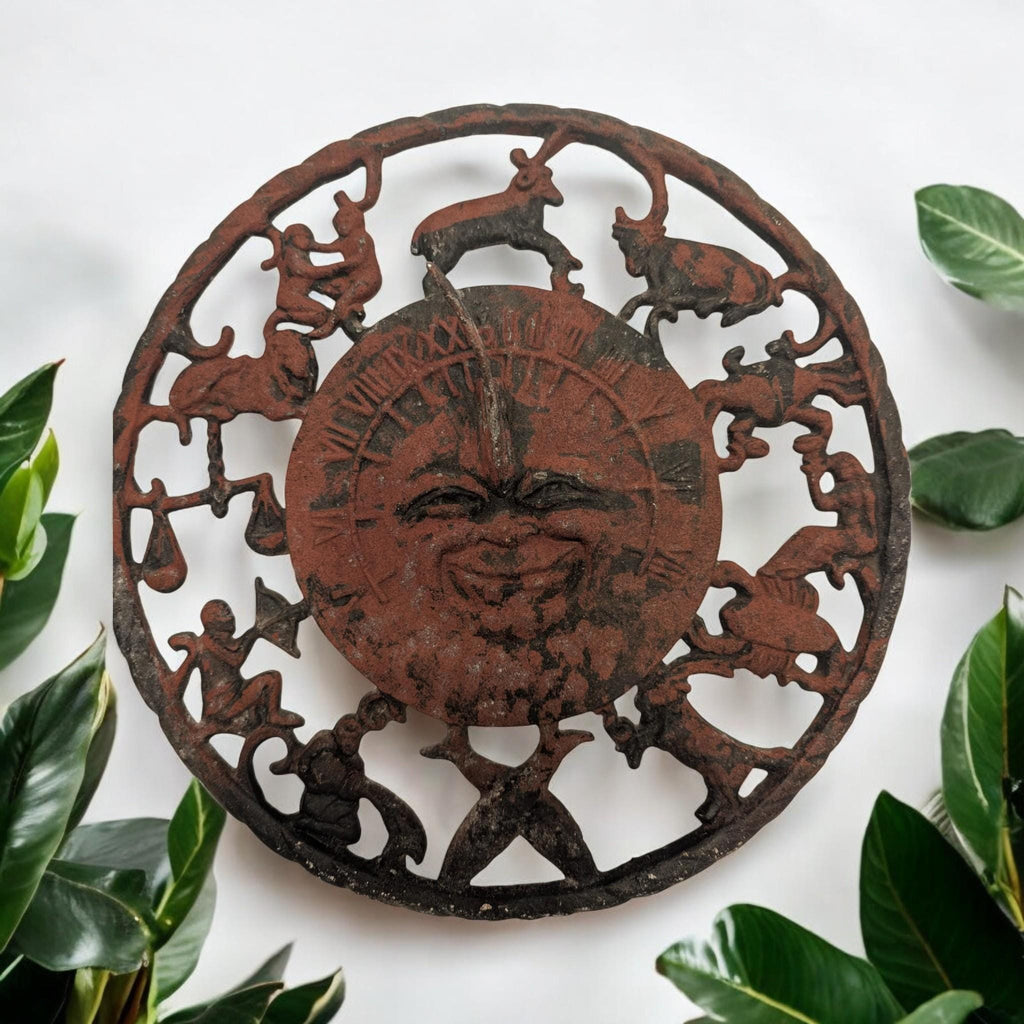 Astrology Sun Dial Wall Hanging - Rustic Iron with Zodiac Symbols - The Relic Detail