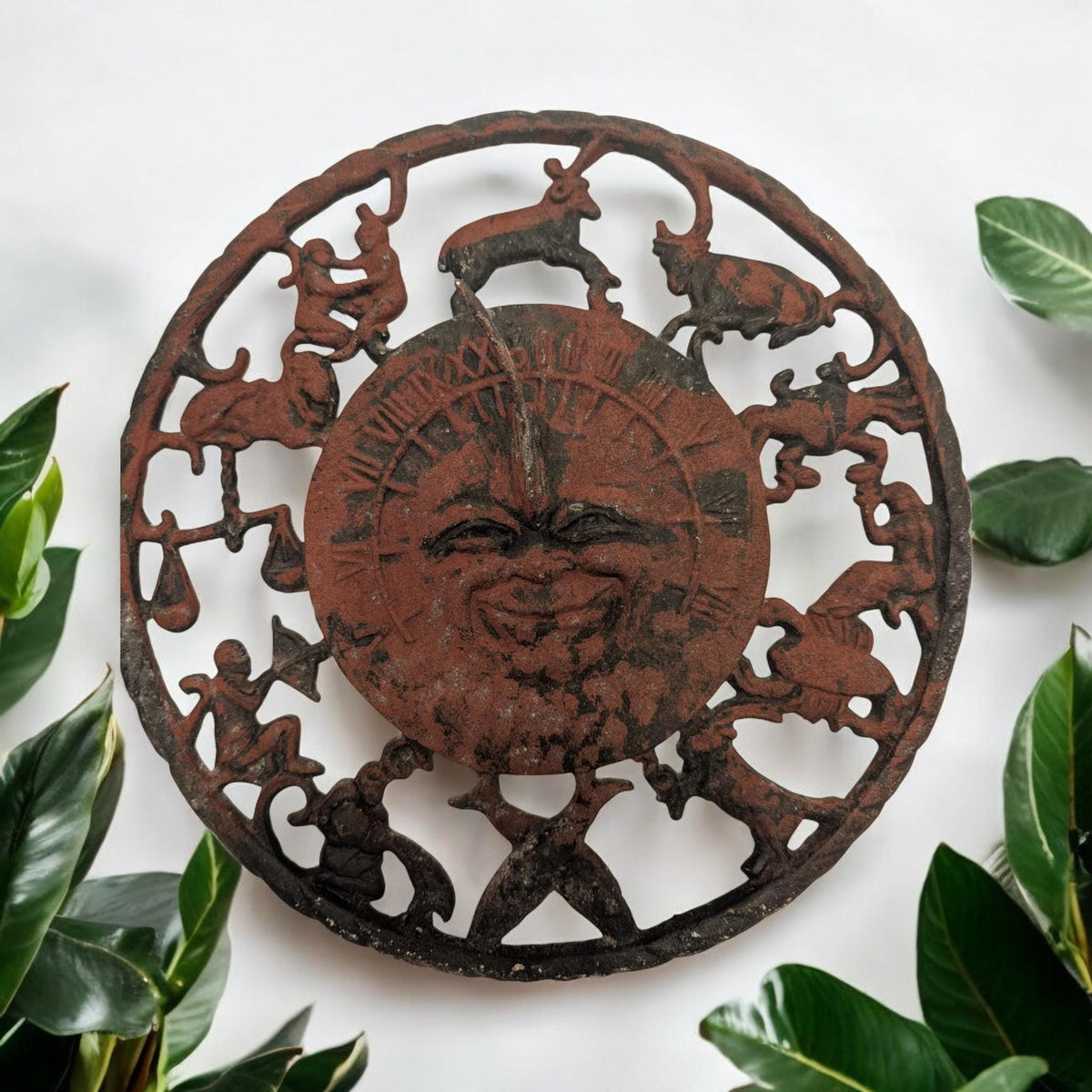 Astrology Sun Dial Wall Hanging - Rustic Iron with Zodiac Symbols - The Relic Detail