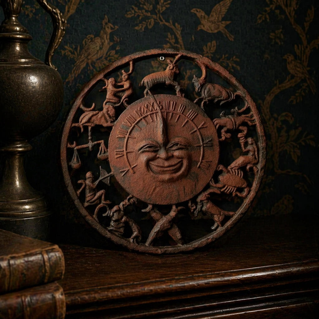 Astrology Sun Dial Wall Hanging - Rustic Iron with Zodiac Symbols - The Relic Detail