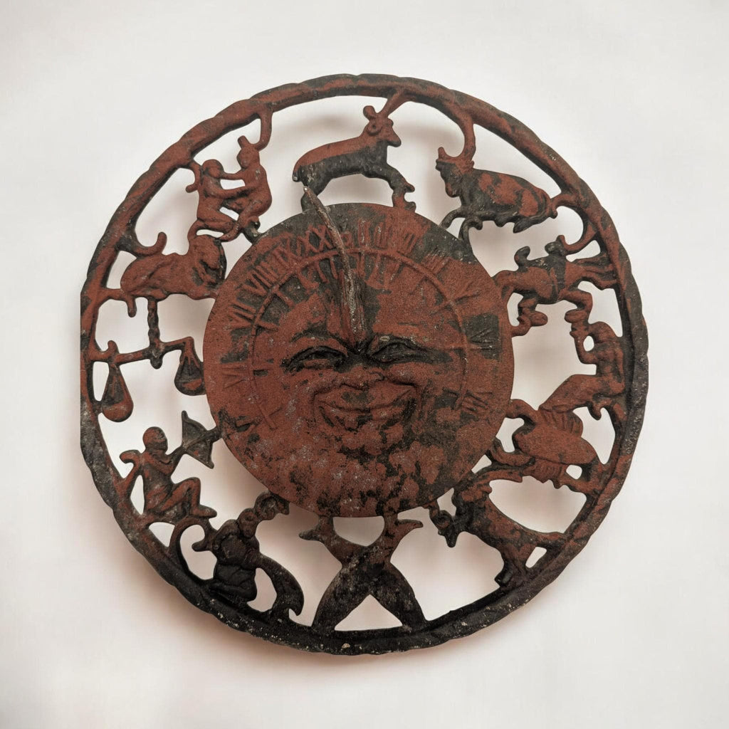Astrology Sun Dial Wall Hanging - Rustic Iron with Zodiac Symbols - The Relic Detail