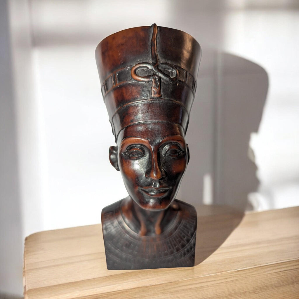 Black Stone Nefertiti Bust - Small Hand-Carved Egyptian Moody Museum Sculpture- Dark Academia Shelf Decor - The Relic Detail