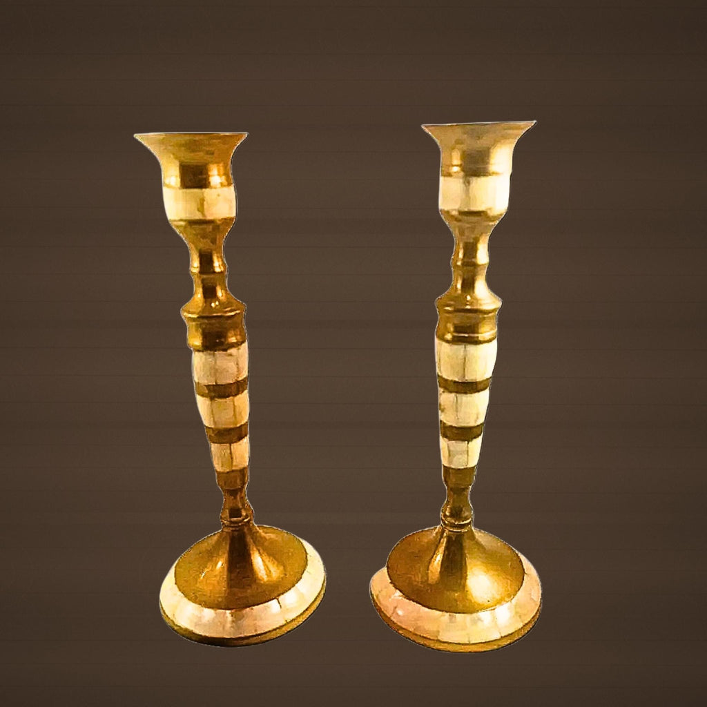 Brass Candlestick Holders with Mother-of-Pearl Inlay - The Relic Detail