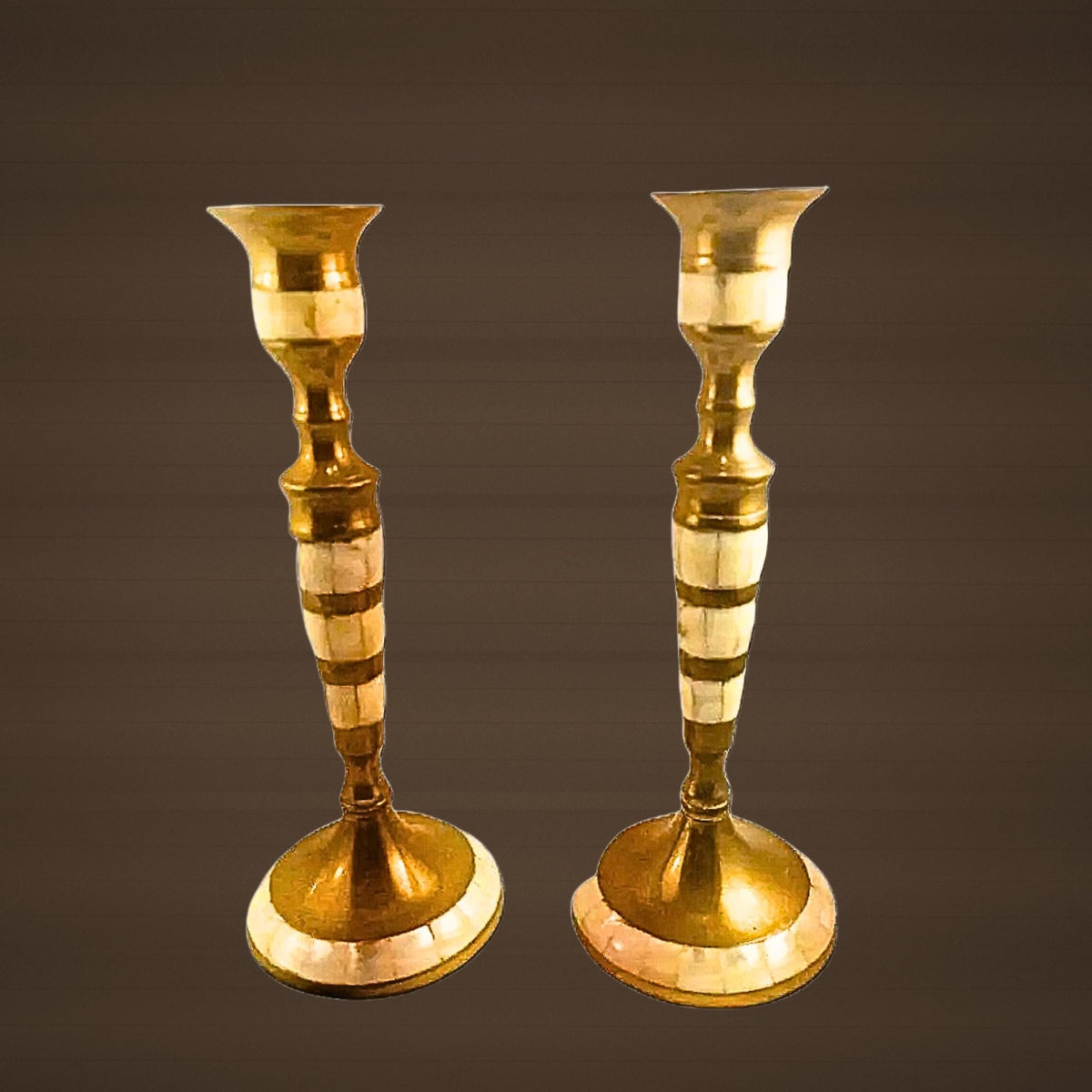Brass Candlestick Holders with Mother-of-Pearl Inlay - The Relic Detail