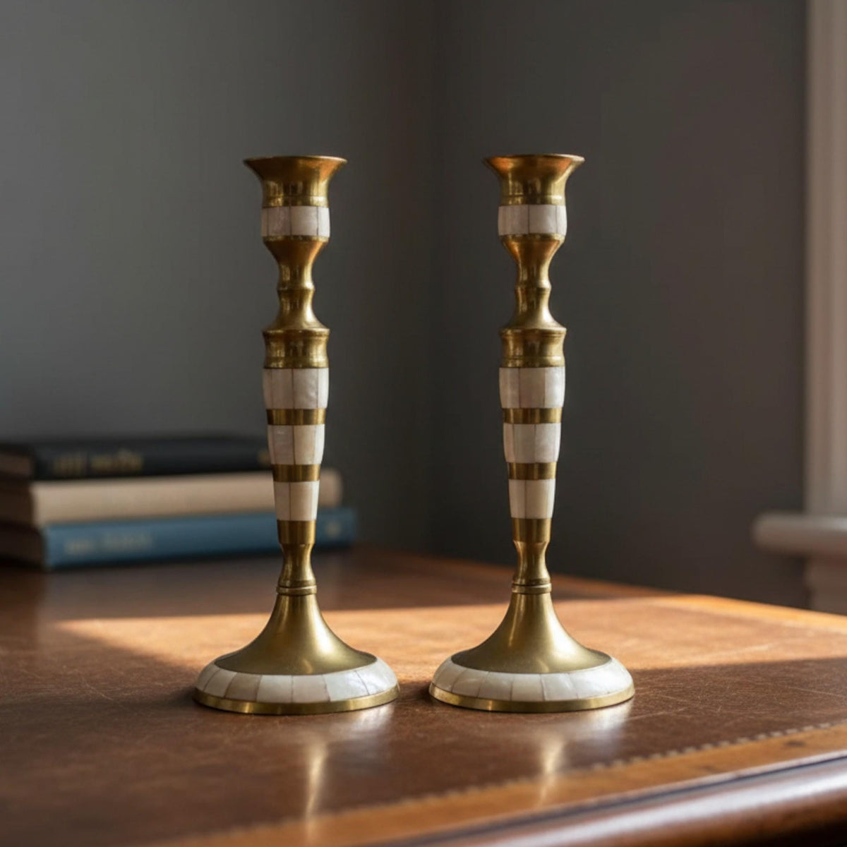 Brass Candlestick Holders with Mother-of-Pearl Inlay - The Relic Detail