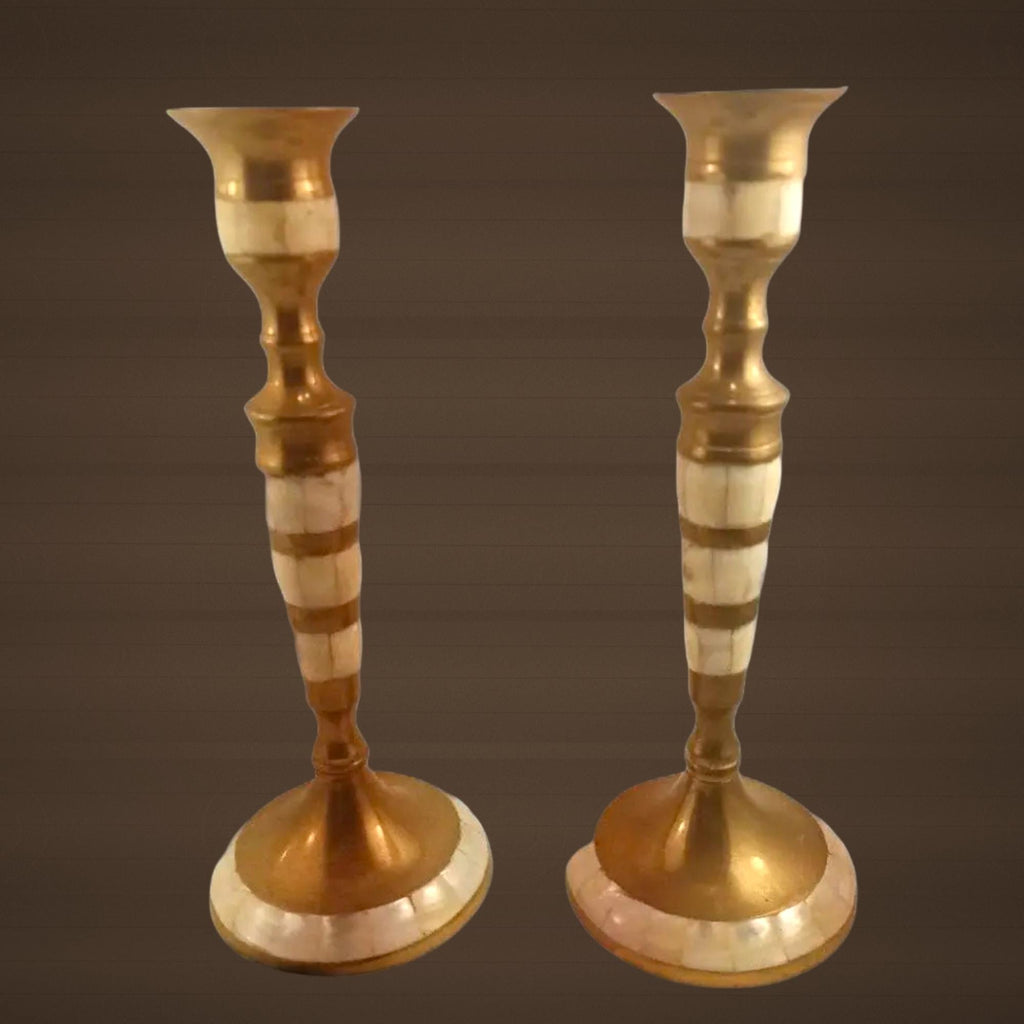 Brass Candlestick Holders with Mother-of-Pearl Inlay - The Relic Detail