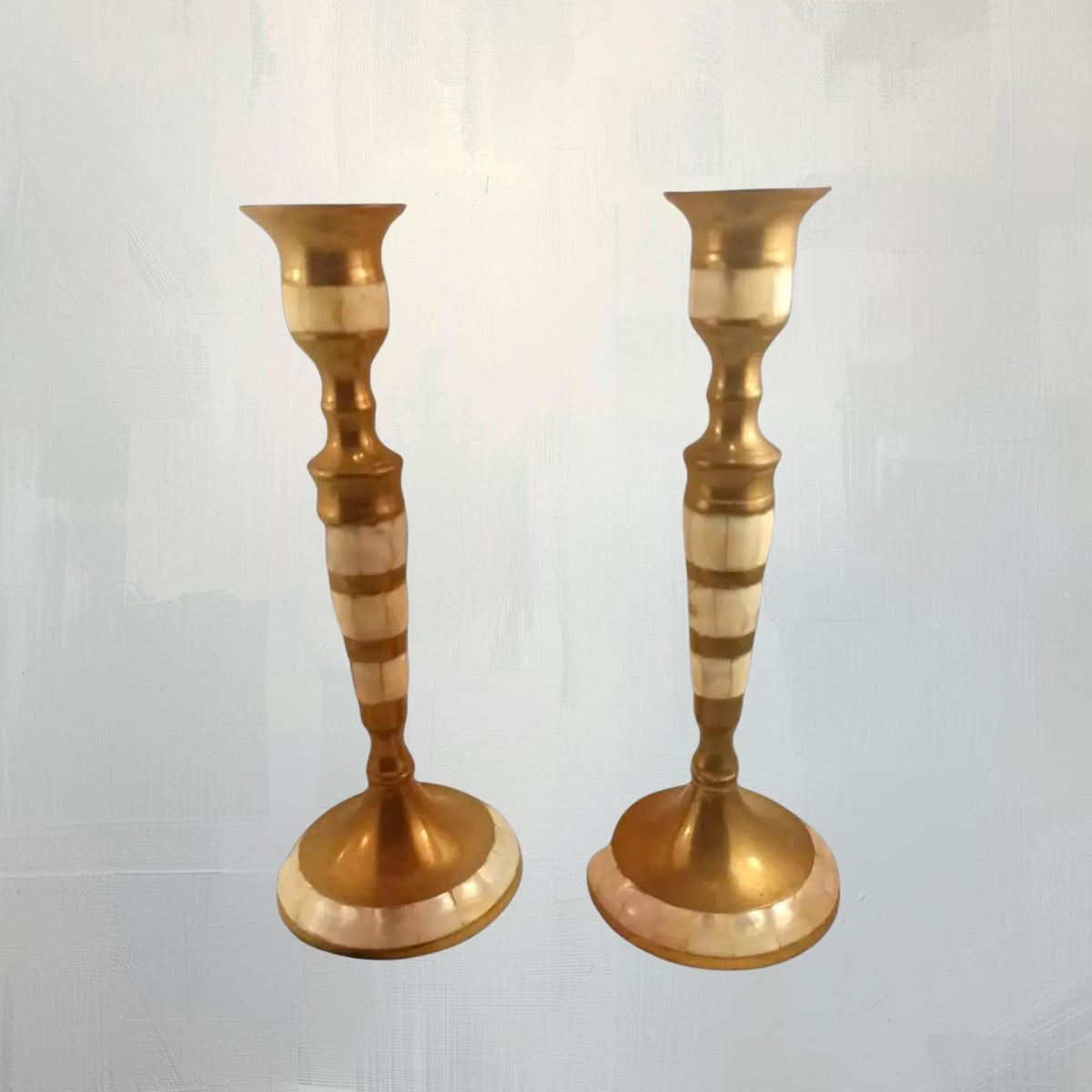 Brass Candlestick Holders with Mother-of-Pearl Inlay - The Relic Detail