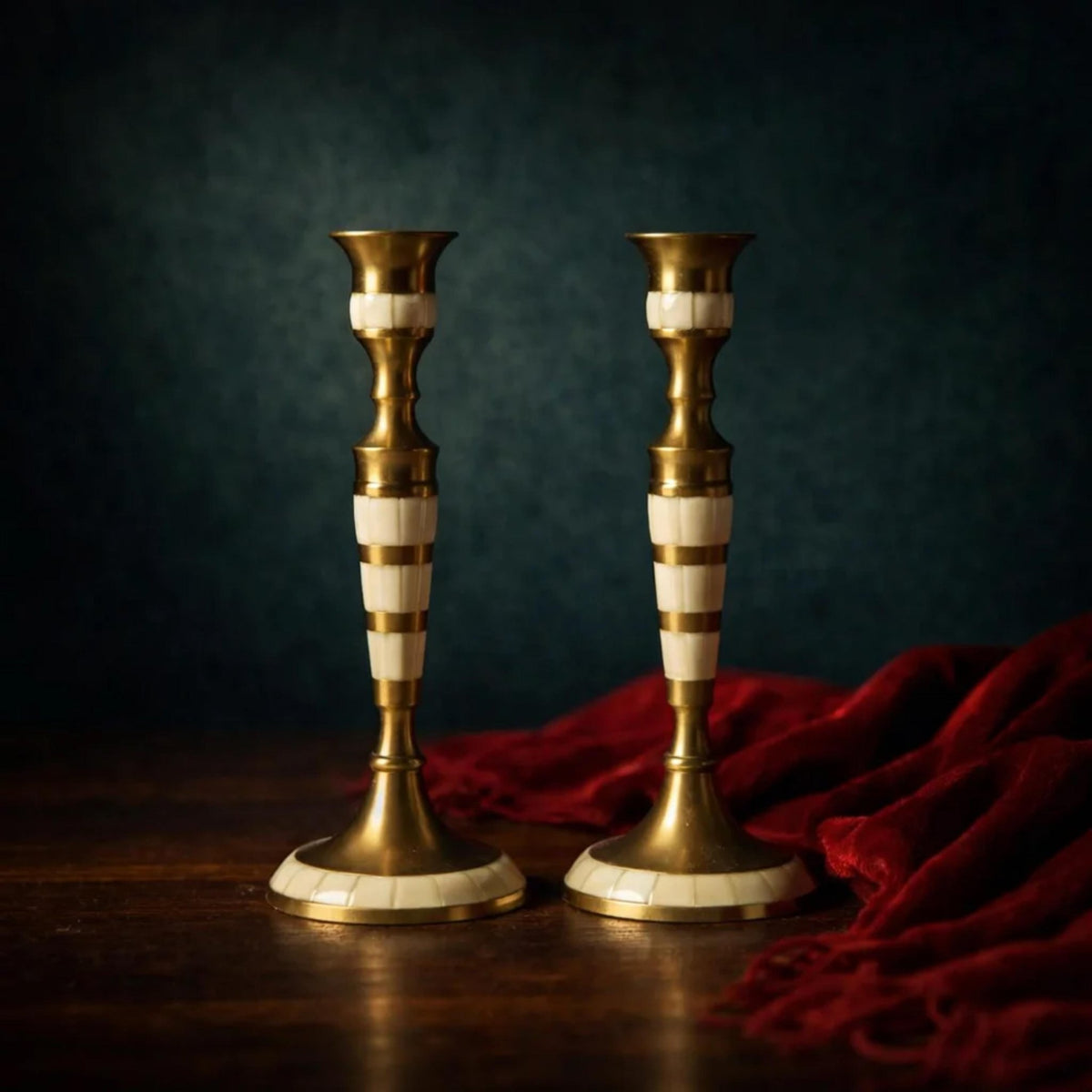 Brass Candlestick Holders with Mother-of-Pearl Inlay - The Relic Detail