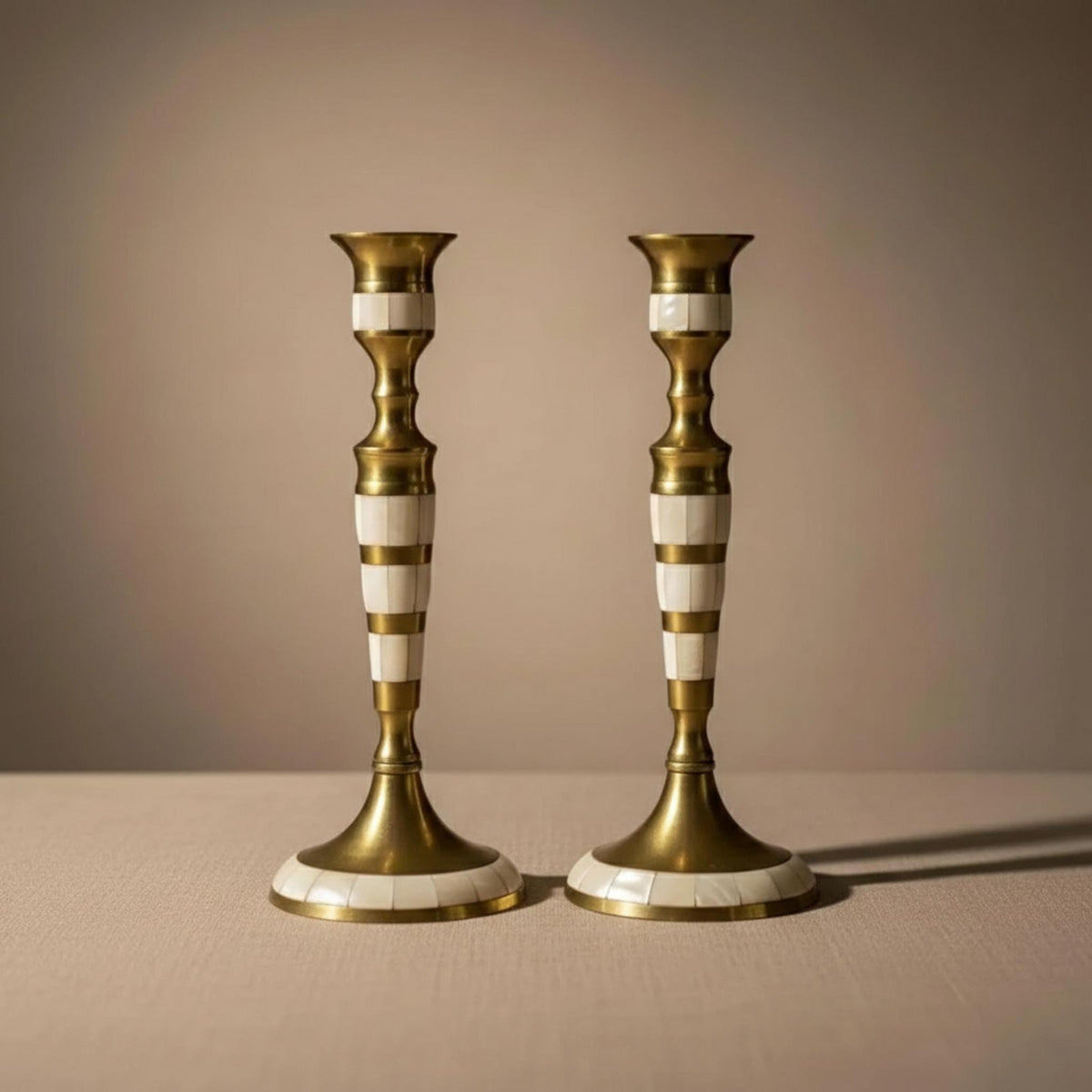 Brass Candlestick Holders with Mother-of-Pearl Inlay - The Relic Detail