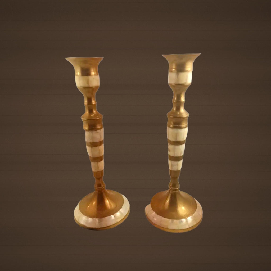 Brass Candlestick Holders with Mother-of-Pearl Inlay - The Relic Detail