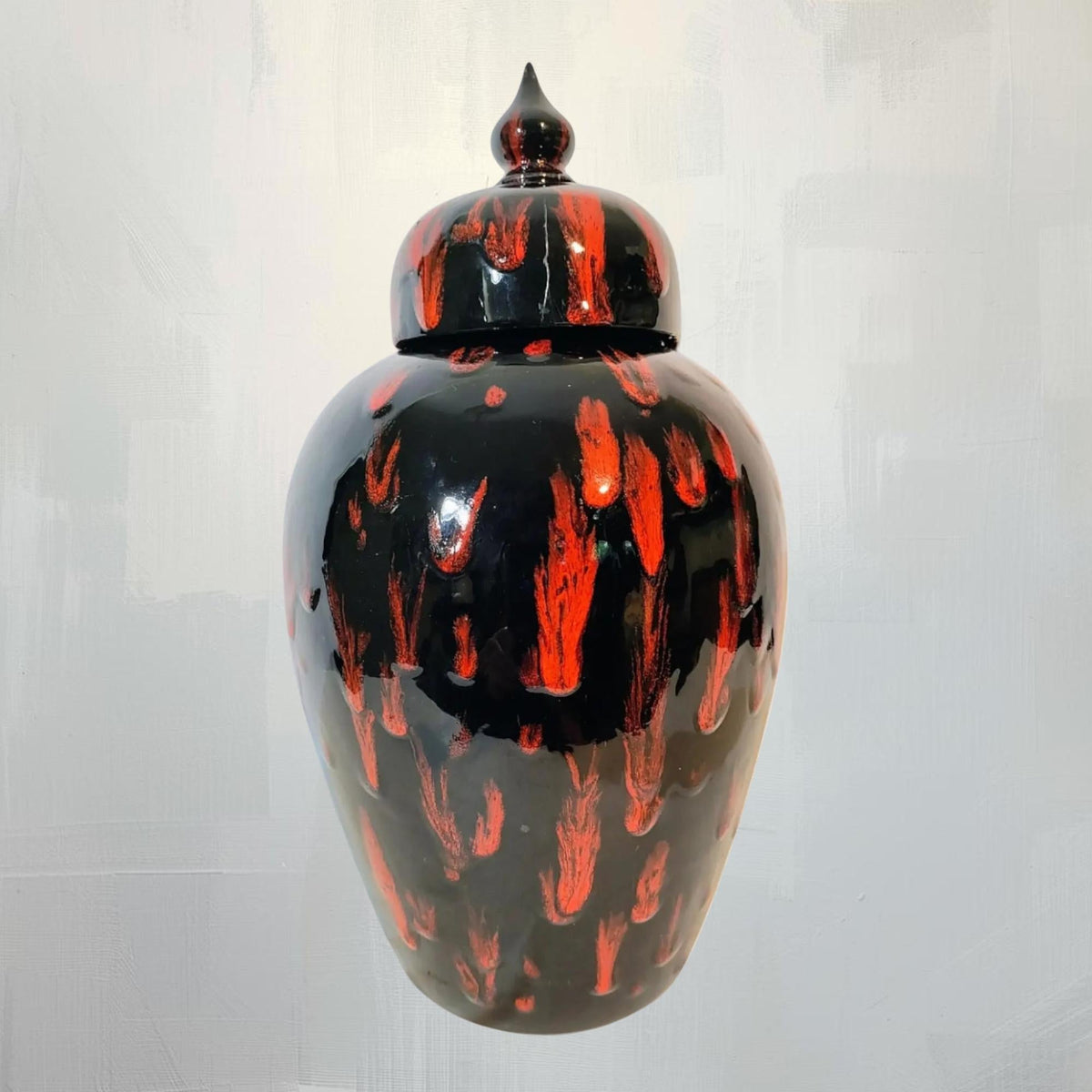 Ceramic Glazed Lidded Jar Mid-Century Modern Black Red Dark Academia Vessel Storage Decor - The Relic Detail