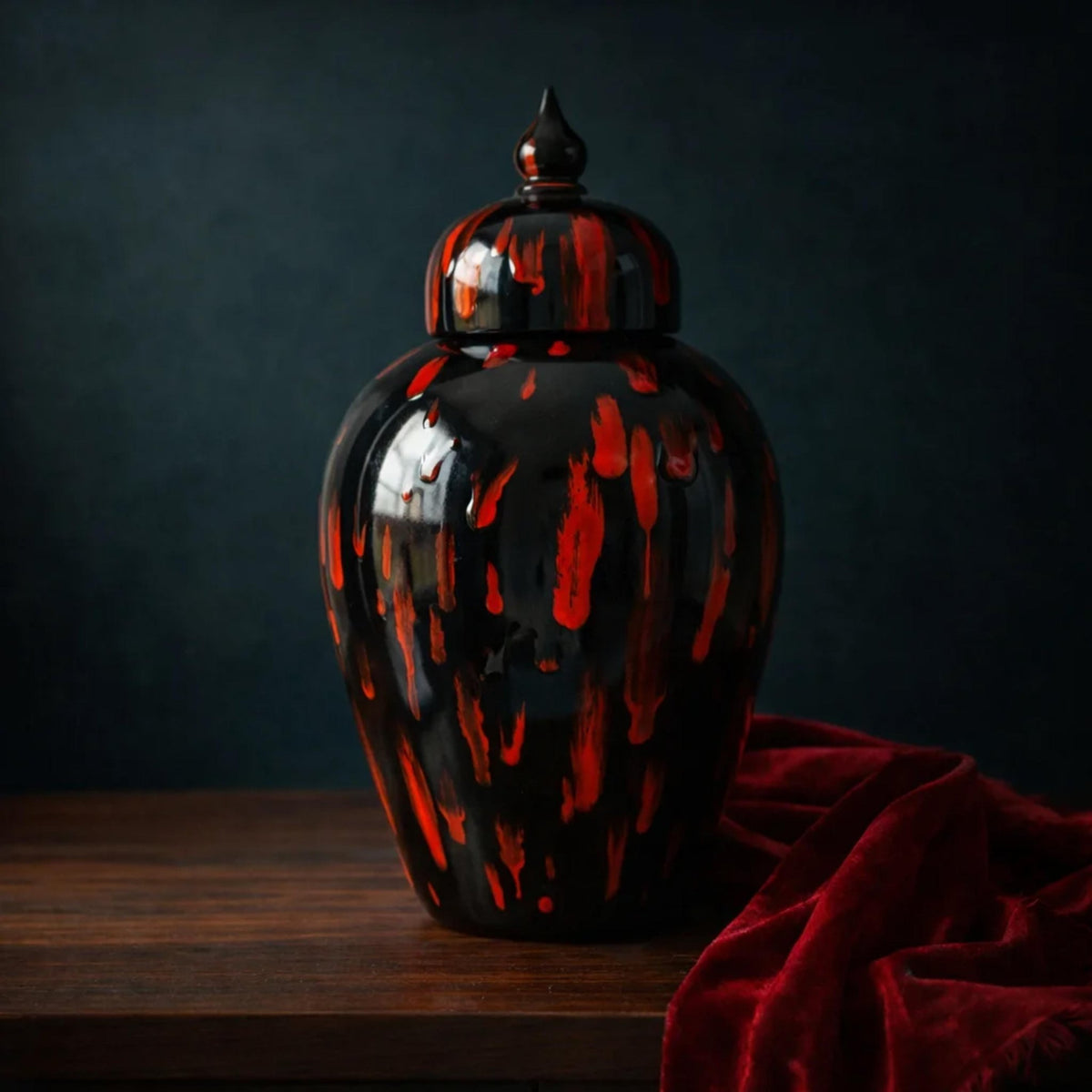 Ceramic Glazed Lidded Jar Mid-Century Modern Black Red Dark Academia Vessel Storage Decor - The Relic Detail
