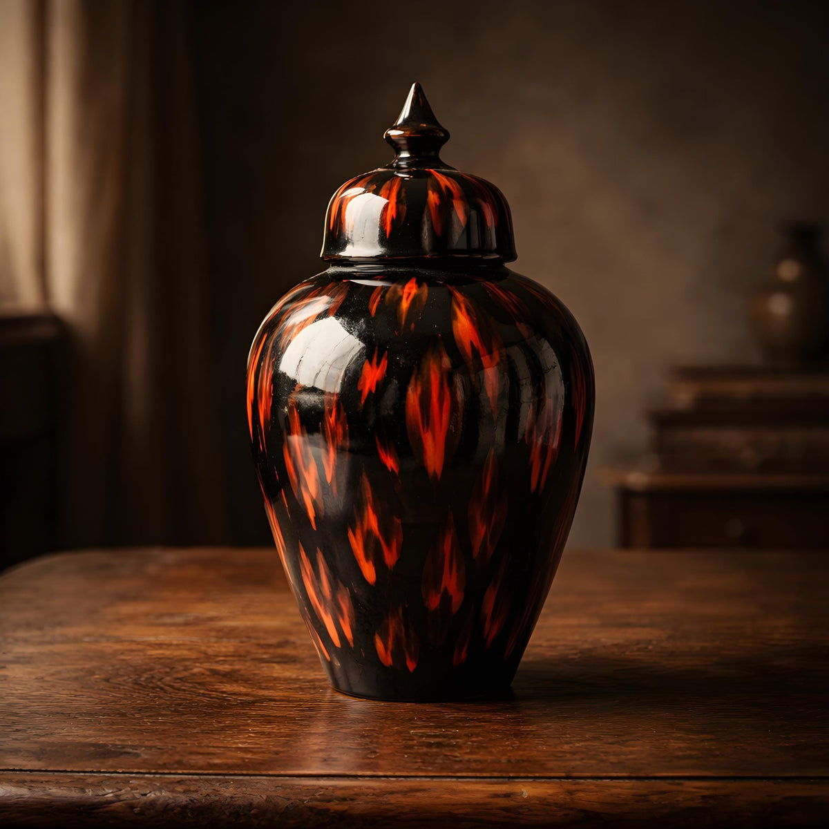 Ceramic Glazed Lidded Jar Mid-Century Modern Black Red Dark Academia Vessel Storage Decor - The Relic Detail