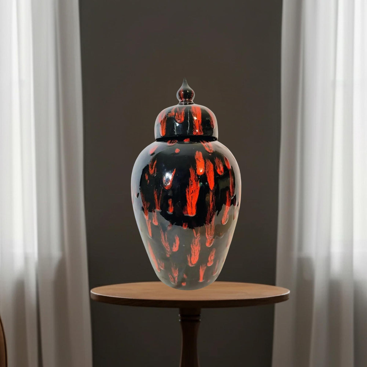Ceramic Glazed Lidded Jar Mid-Century Modern Black Red Dark Academia Vessel Storage Decor - The Relic Detail