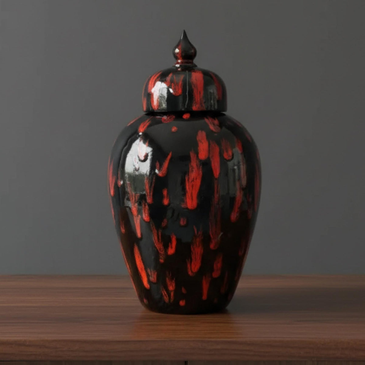 Ceramic Glazed Lidded Jar Mid-Century Modern Black Red Dark Academia Vessel Storage Decor - The Relic Detail