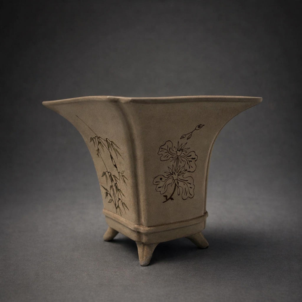 Chinese Yixing Zisha Clay Flower Pot - Orchid Bamboo Bonsai Planter Ceramic Office Decor - The Relic Detail