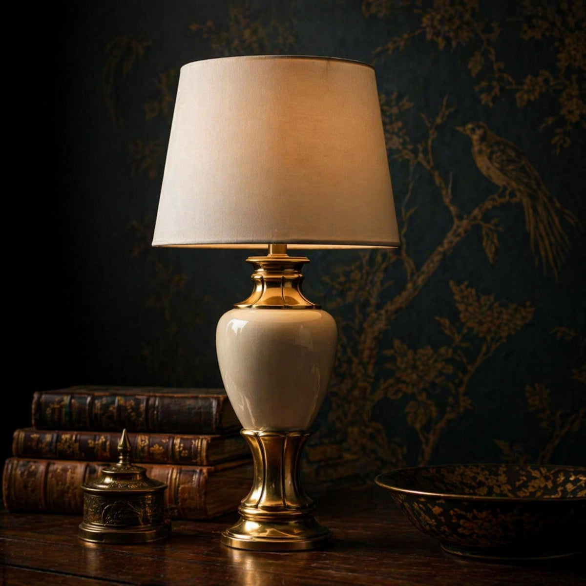 Cream Ceramic & Brass Vintage Table Lamp - The Relic Detail
