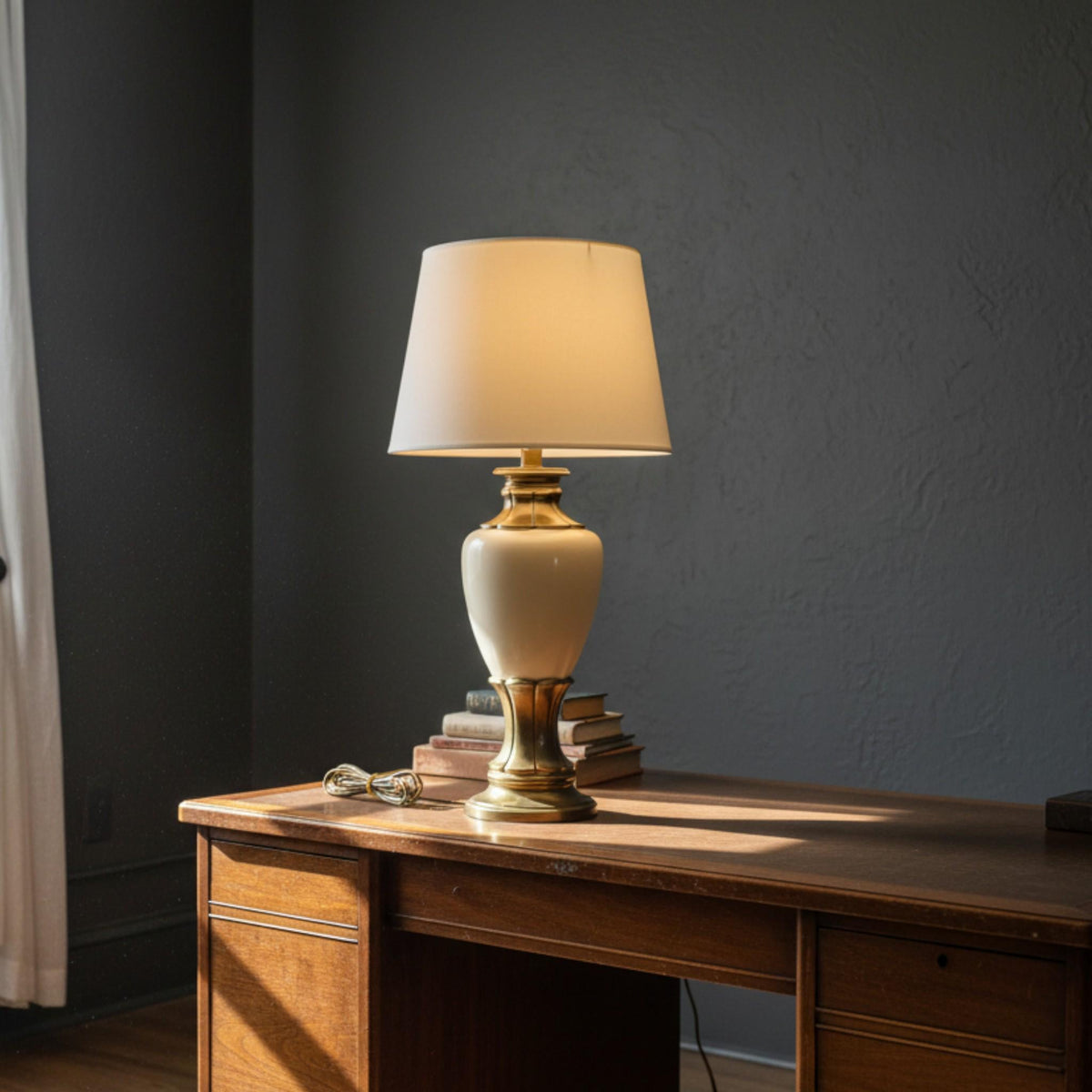 Cream Ceramic & Brass Vintage Table Lamp - The Relic Detail