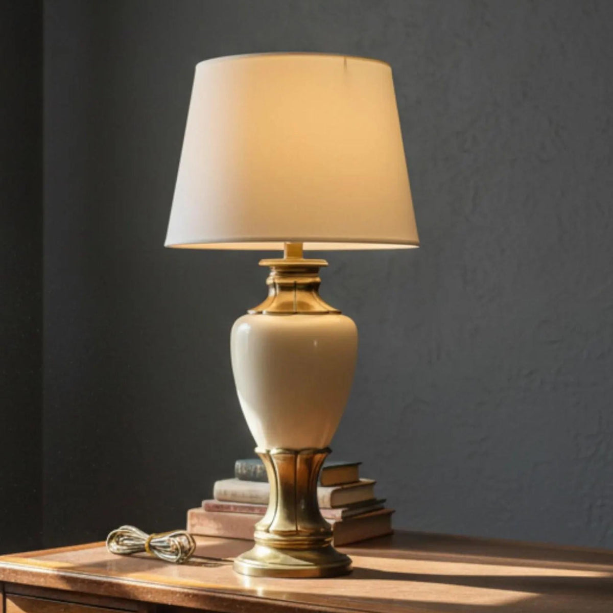 Cream Ceramic & Brass Vintage Table Lamp - The Relic Detail