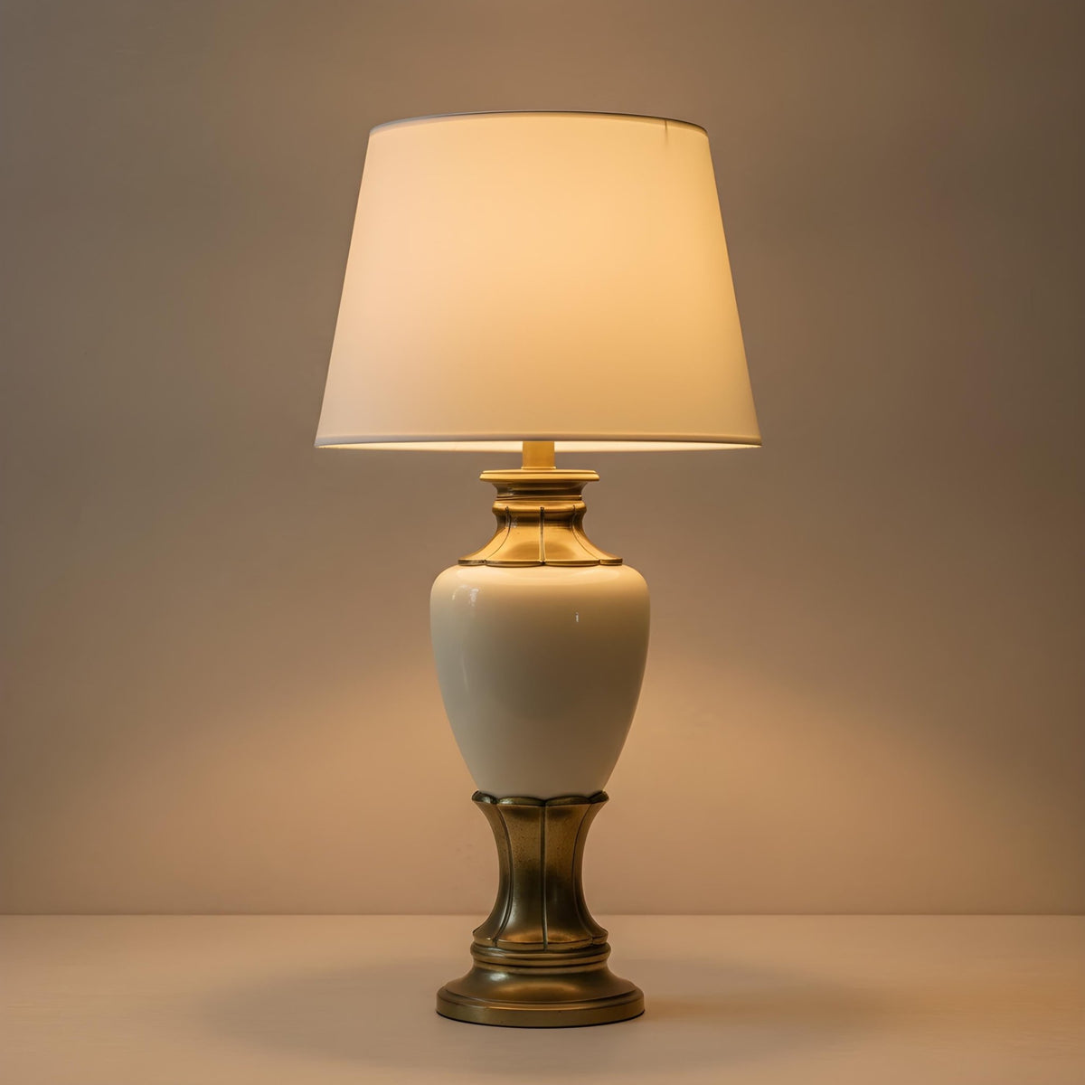 Cream Ceramic & Brass Vintage Table Lamp - The Relic Detail