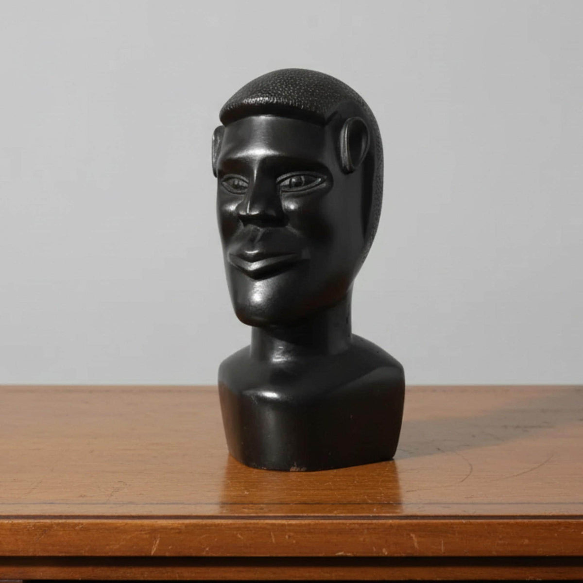 Ebony Wood Bust of Man: Hand-Carved Dark Academia Statuary - African Alien Ear Antique Sculpture - The Relic Detail