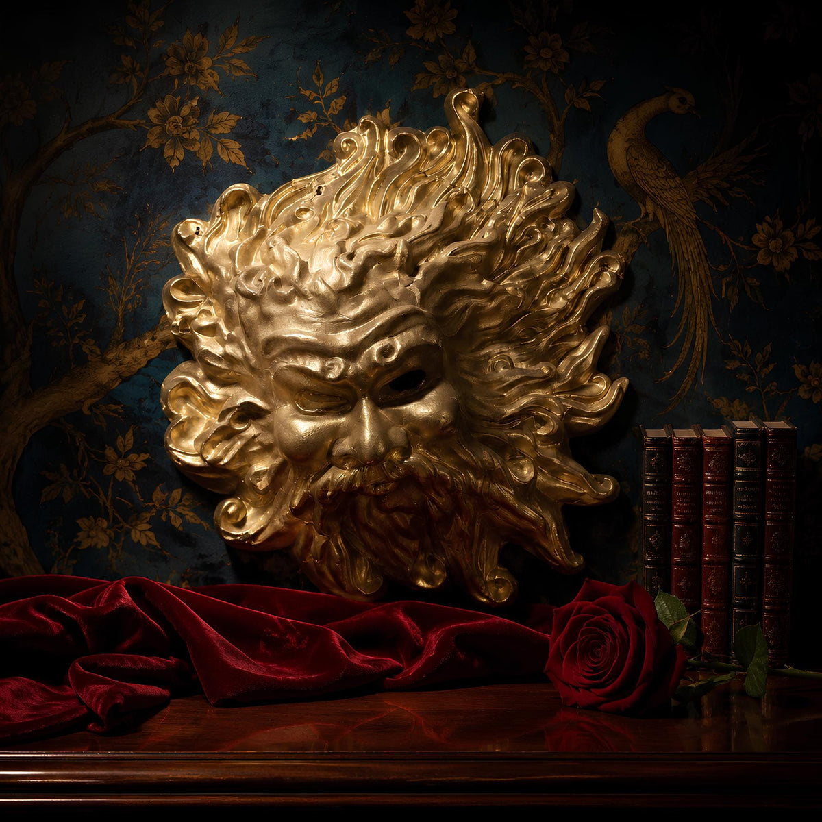 Eolo Venetian Gold Leaf Papier-Mache Mask: Italian Mythological Wall Art Sculpture Handcrafted Baroque Decor - The Relic Detail