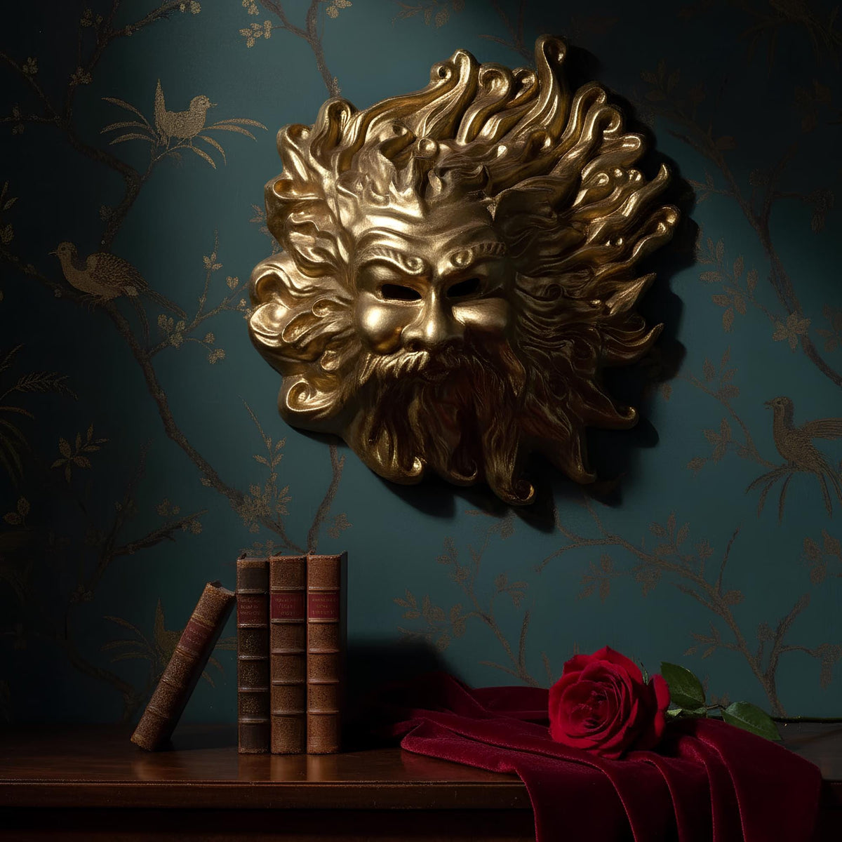 Eolo Venetian Gold Leaf Papier-Mache Mask: Italian Mythological Wall Art Sculpture Handcrafted Baroque Decor - The Relic Detail