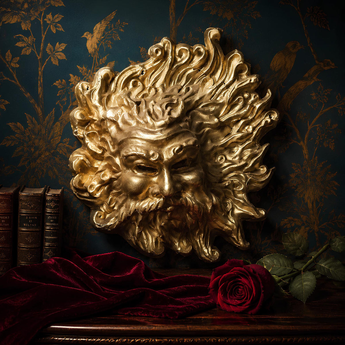 Eolo Venetian Gold Leaf Papier-Mache Mask: Italian Mythological Wall Art Sculpture Handcrafted Baroque Decor - The Relic Detail