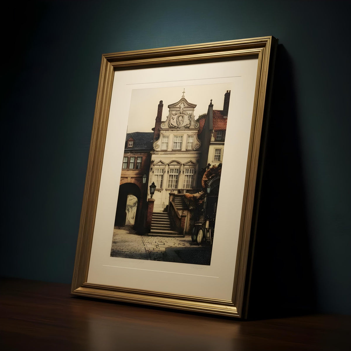 French Magistrates Home Lithograph Vereaux Signed Gold Frame Matted 10x13 European Architecture Art Print - The Relic Detail
