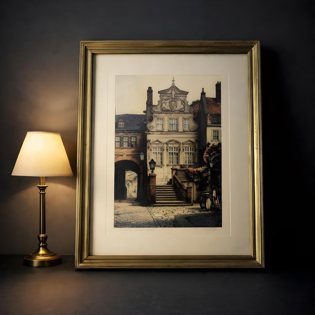 French Magistrates Home Lithograph Vereaux Signed Gold Frame Matted 10x13 European Architecture Art Print - The Relic Detail
