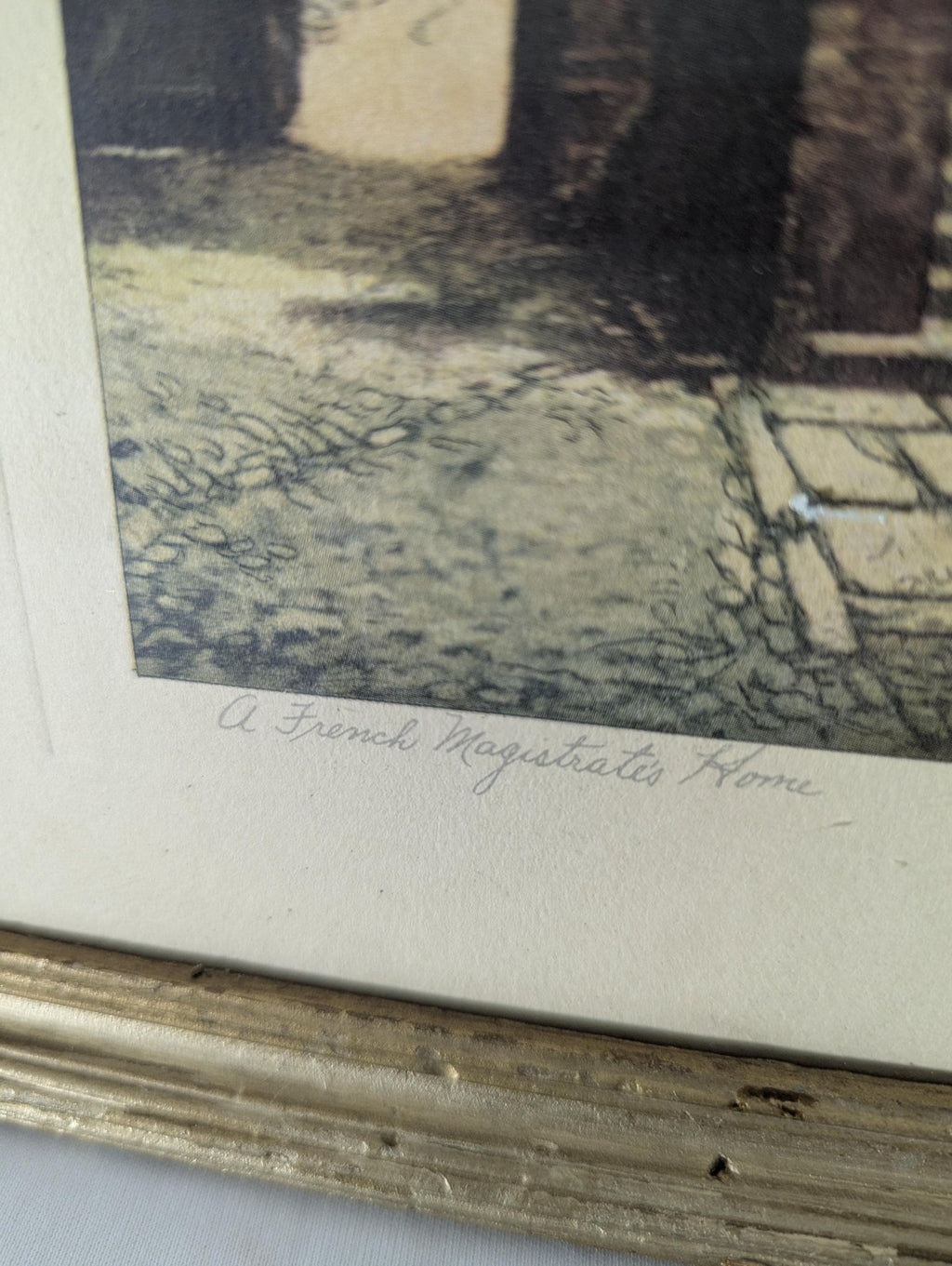 French Magistrates Home Lithograph Vereaux Signed Gold Frame Matted 10x13 European Architecture Art Print - The Relic Detail