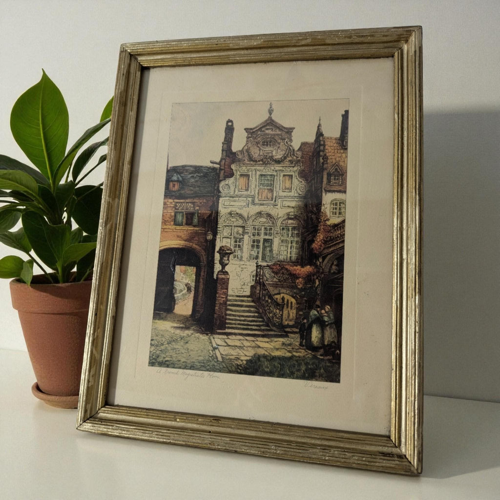 French Magistrates Home Lithograph Vereaux Signed Gold Frame Matted 10x13 European Architecture Art Print - The Relic Detail