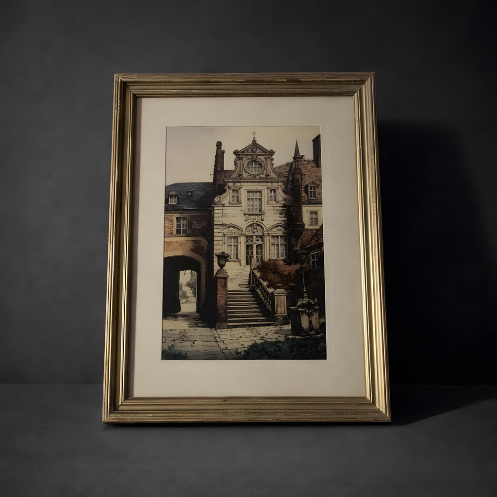 French Magistrates Home Lithograph Vereaux Signed Gold Frame Matted 10x13 European Architecture Art Print - The Relic Detail