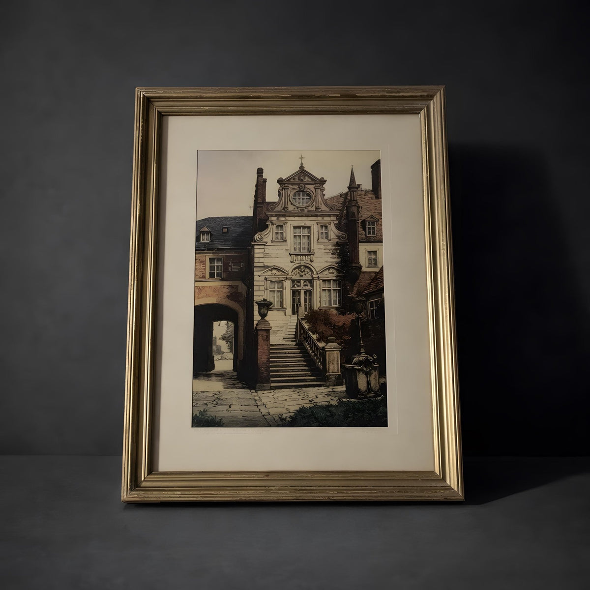 French Magistrates Home Lithograph Vereaux Signed Gold Frame Matted 10x13 European Architecture Art Print - The Relic Detail