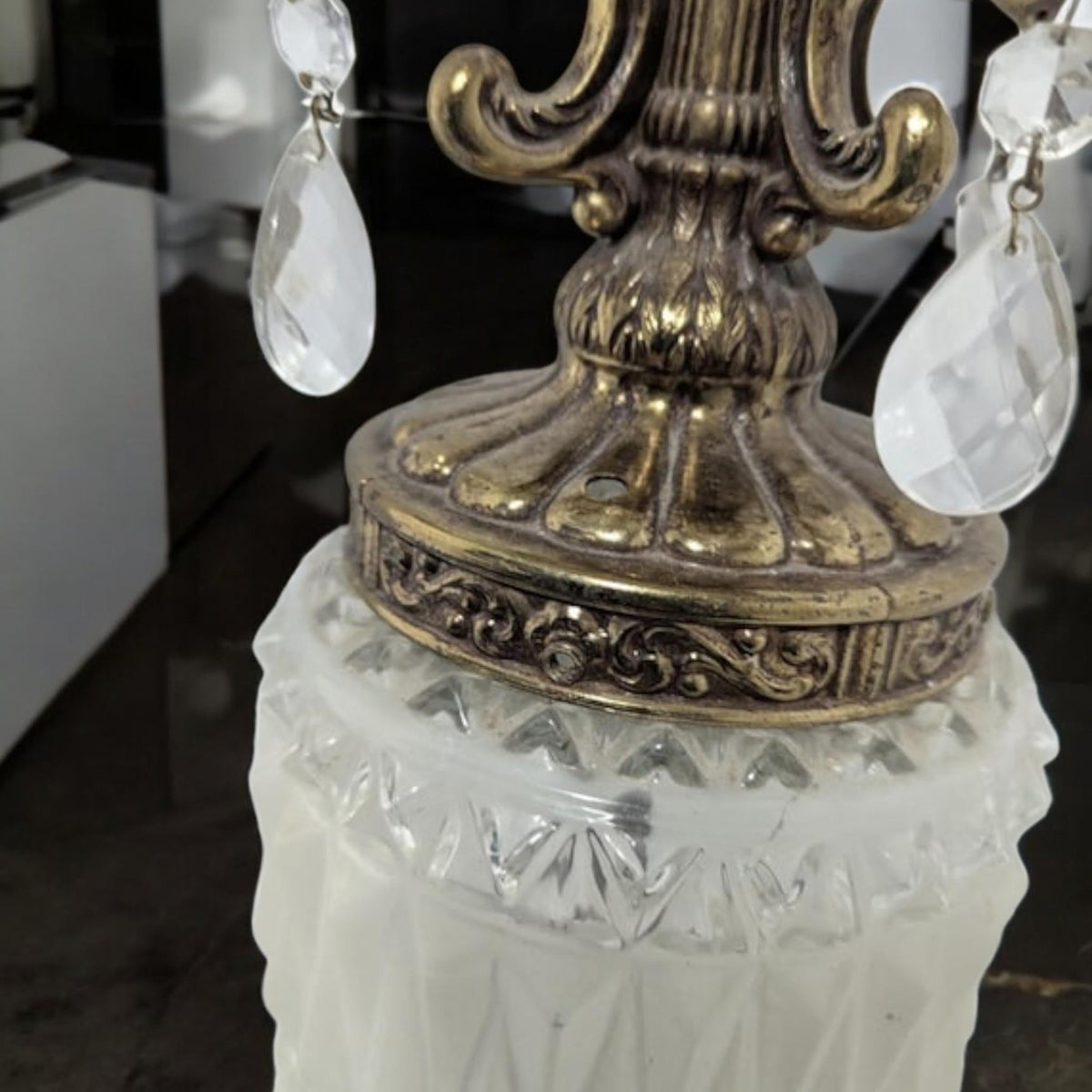 Frosted Glass, Vintage Brass & Crystal Vintage Table Lamp, 29 in. - The Relic Detail