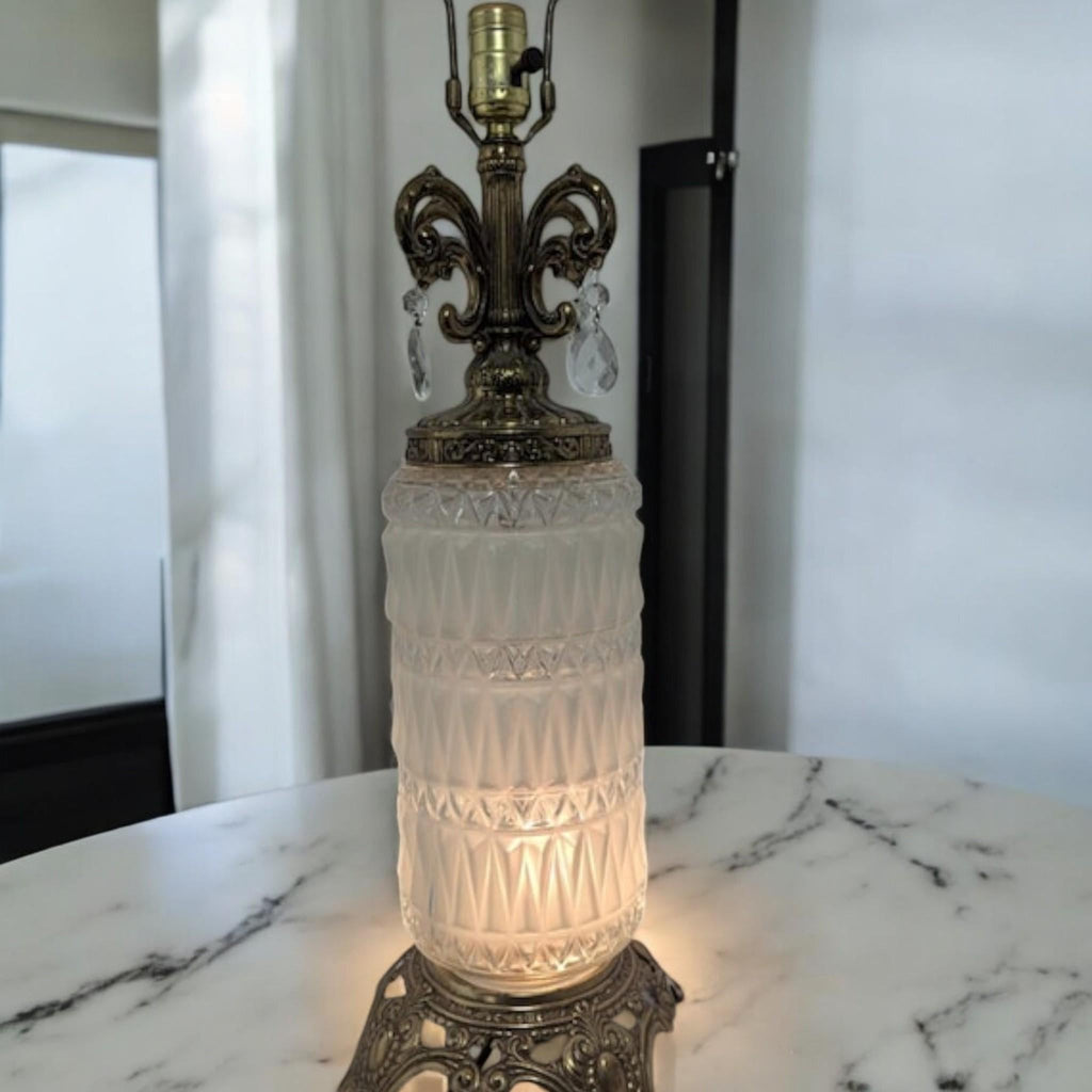 Frosted Glass, Vintage Brass & Crystal Vintage Table Lamp, 29 in. - The Relic Detail
