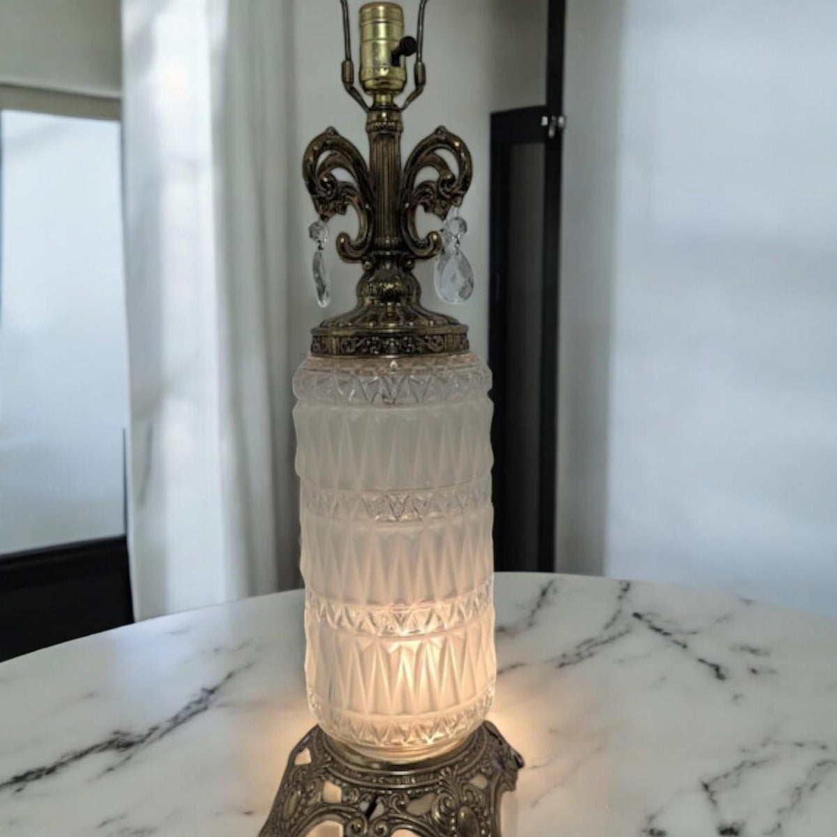 Frosted Glass, Vintage Brass & Crystal Vintage Table Lamp, 29 in. - The Relic Detail