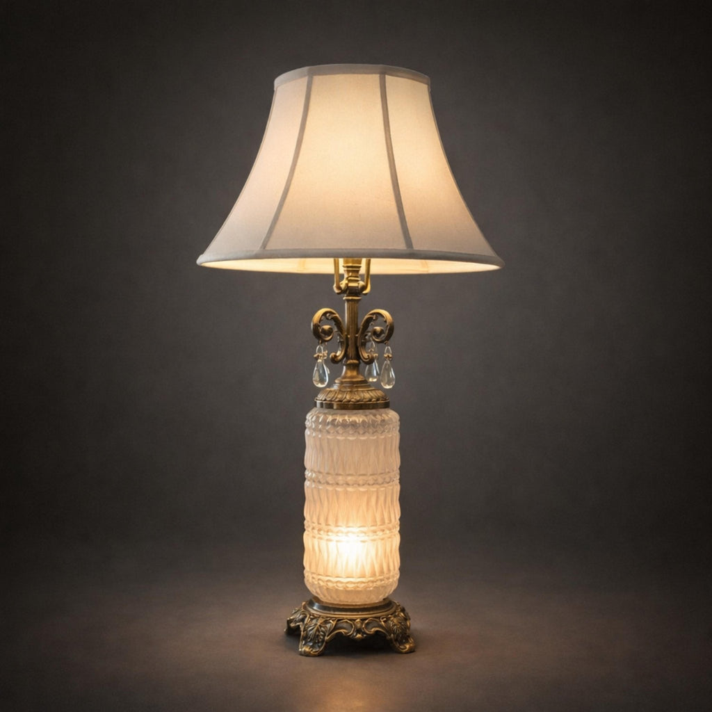 Frosted Glass, Vintage Brass & Crystal Vintage Table Lamp, 29 in. - The Relic Detail