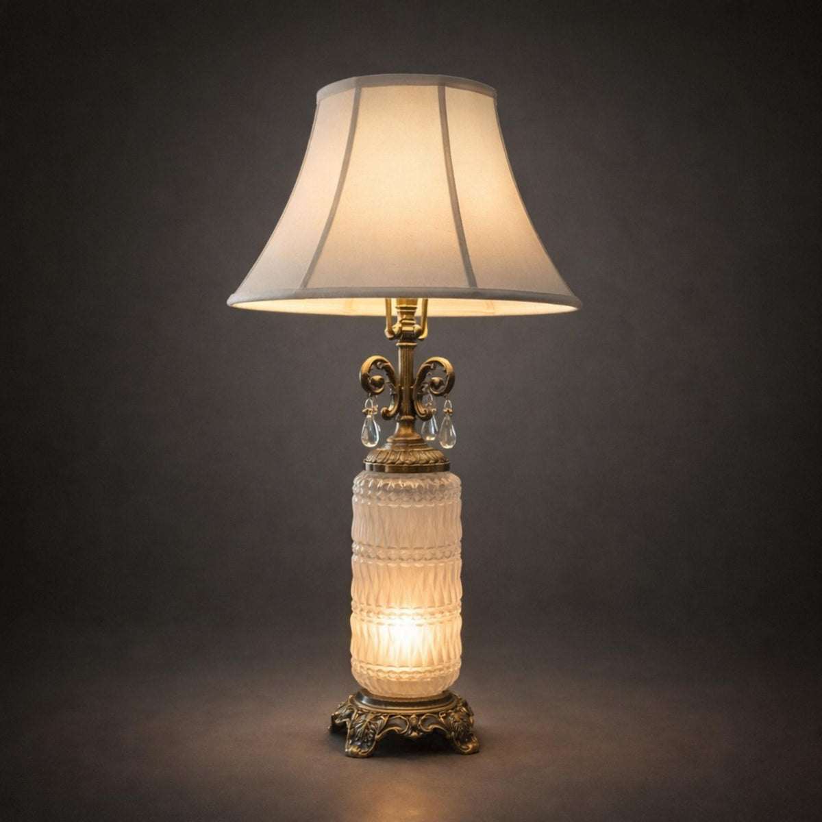 Frosted Glass, Vintage Brass & Crystal Vintage Table Lamp, 29 in. - The Relic Detail