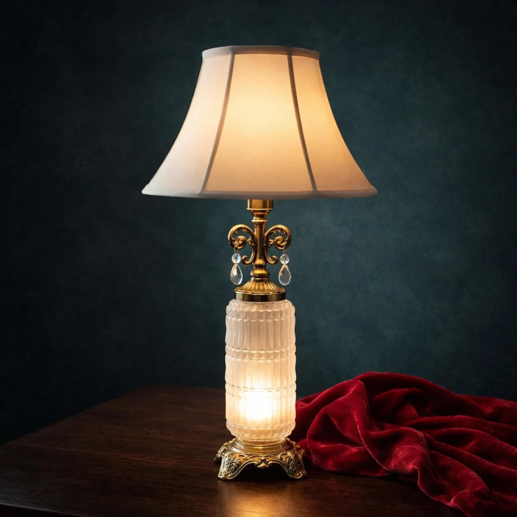 Frosted Glass, Vintage Brass & Crystal Vintage Table Lamp, 29 in. - The Relic Detail