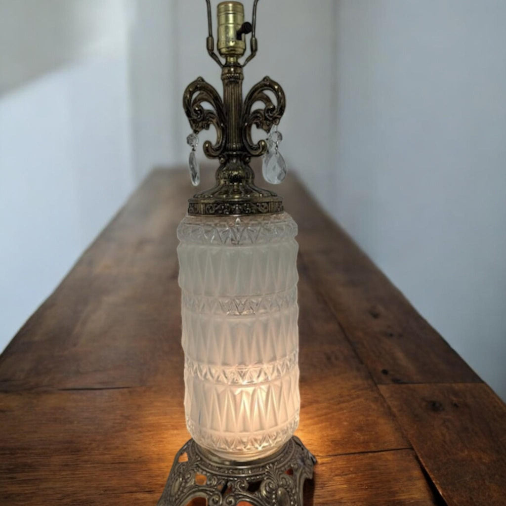 Frosted Glass, Vintage Brass & Crystal Vintage Table Lamp, 29 in. - The Relic Detail