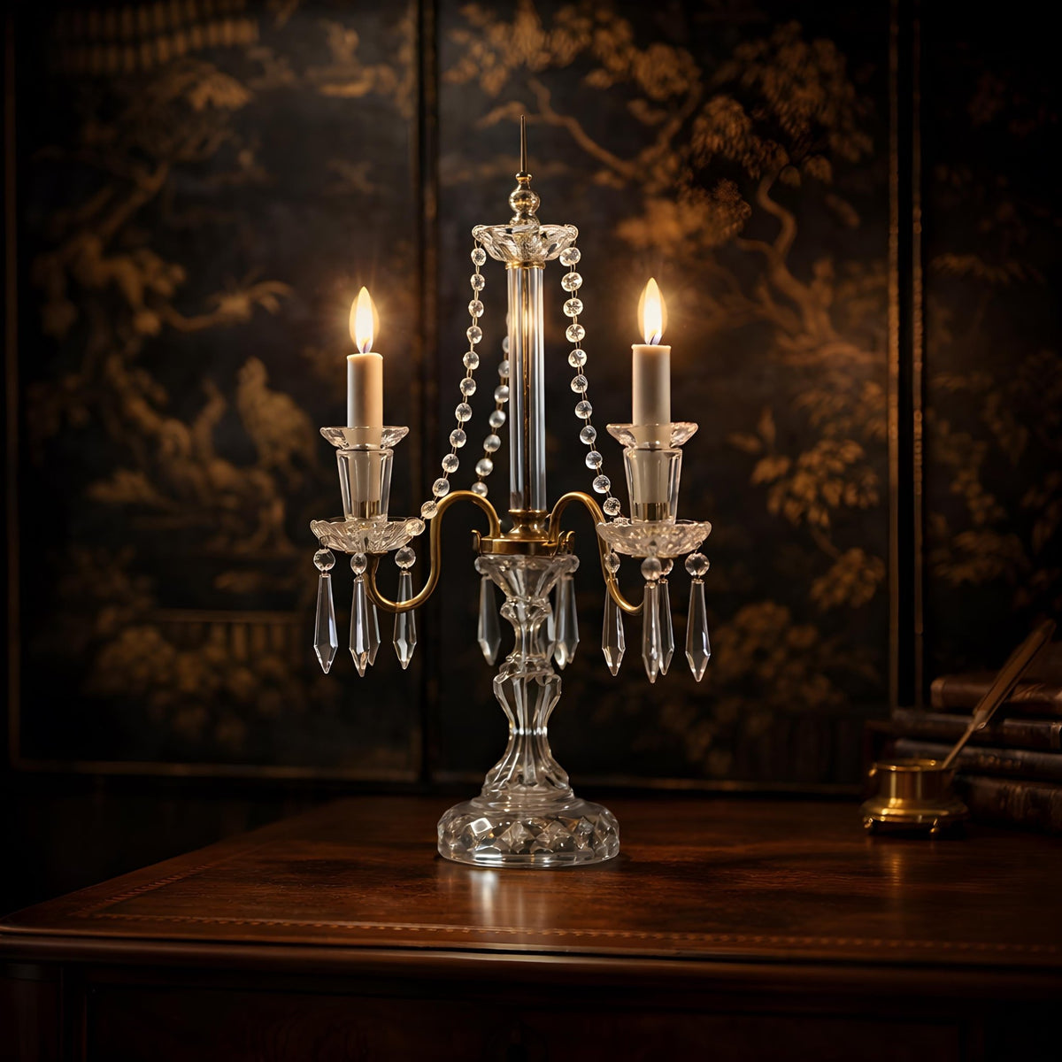 Girandole Crystal Candelabra Antique Hollywood Regency | Brass & Glass Atmospheric Lamp | Czechoslovakian Original Crystals - The Relic Detail