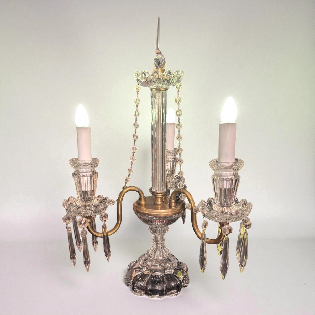 Girandole Crystal Candelabra Antique Hollywood Regency | Brass & Glass Atmospheric Lamp | Czechoslovakian Original Crystals - The Relic Detail