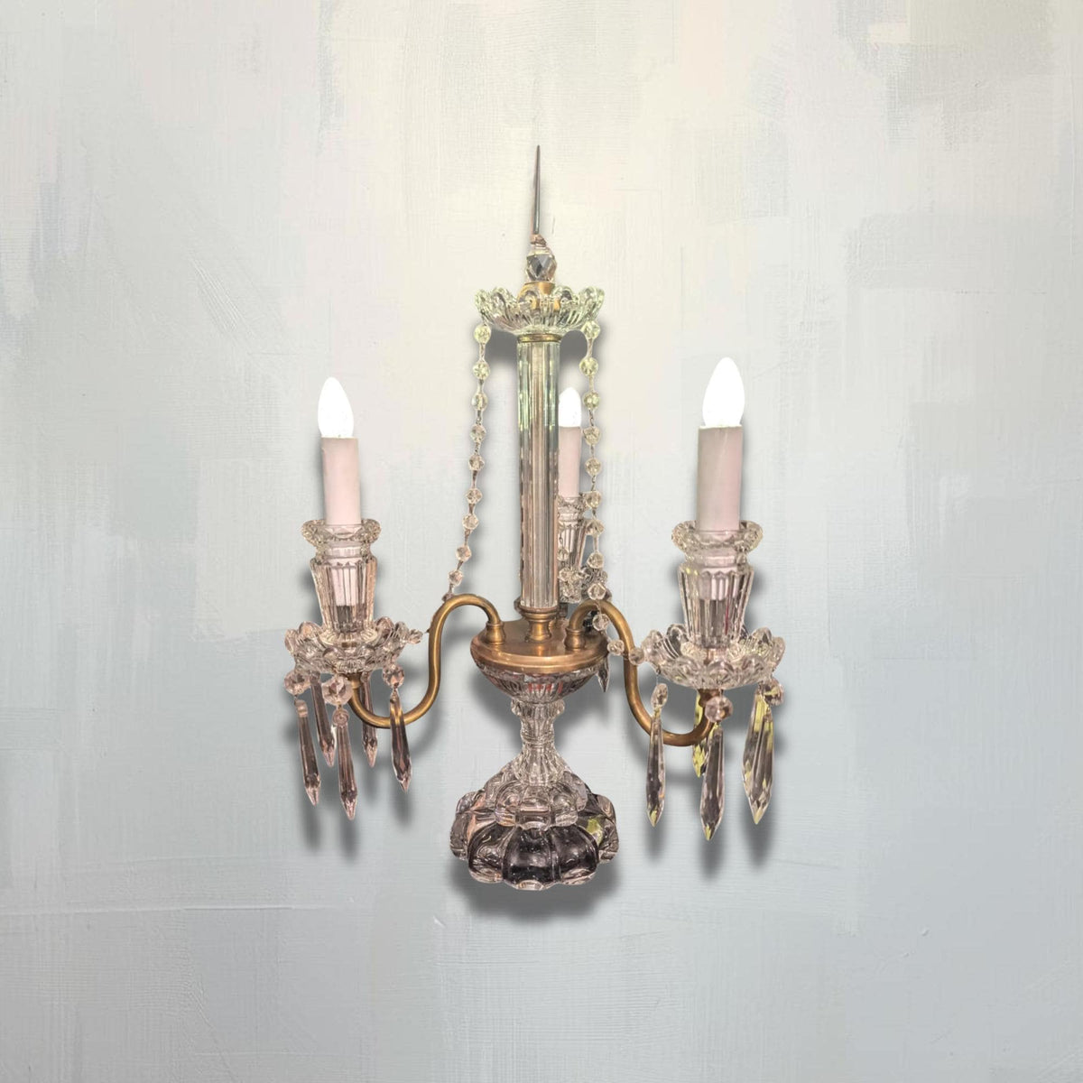 Girandole Crystal Candelabra Antique Hollywood Regency | Brass & Glass Atmospheric Lamp | Czechoslovakian Original Crystals - The Relic Detail