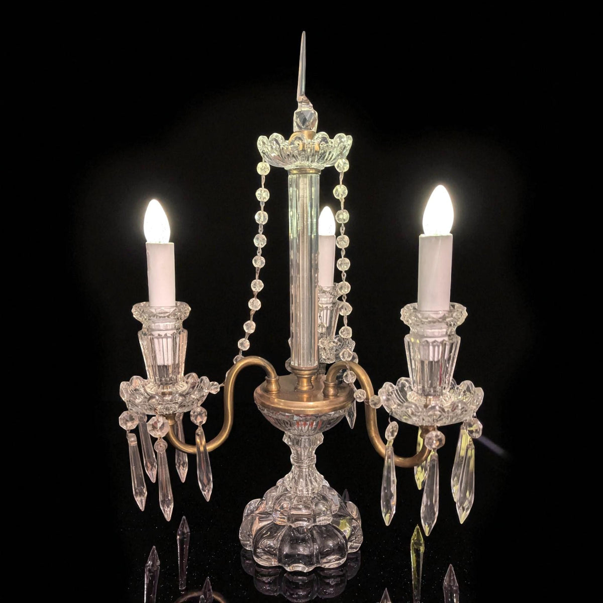 Girandole Crystal Candelabra Antique Hollywood Regency | Brass & Glass Atmospheric Lamp | Czechoslovakian Original Crystals - The Relic Detail