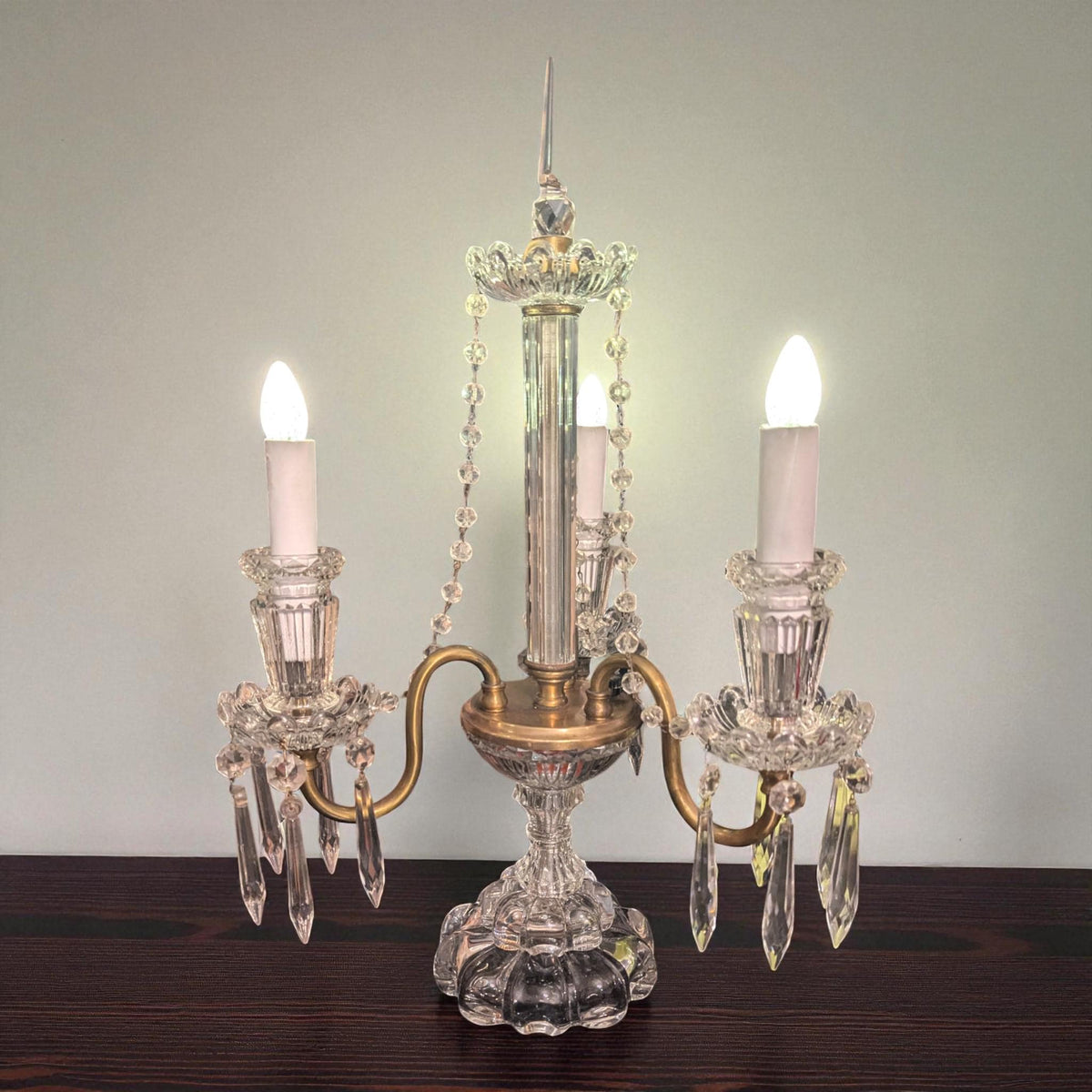 Girandole Crystal Candelabra Antique Hollywood Regency | Brass & Glass Atmospheric Lamp | Czechoslovakian Original Crystals - The Relic Detail